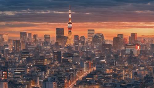 Un&#39;immagine dello skyline giapponese al tramonto, trasformata in un motivo tessile di tendenza.