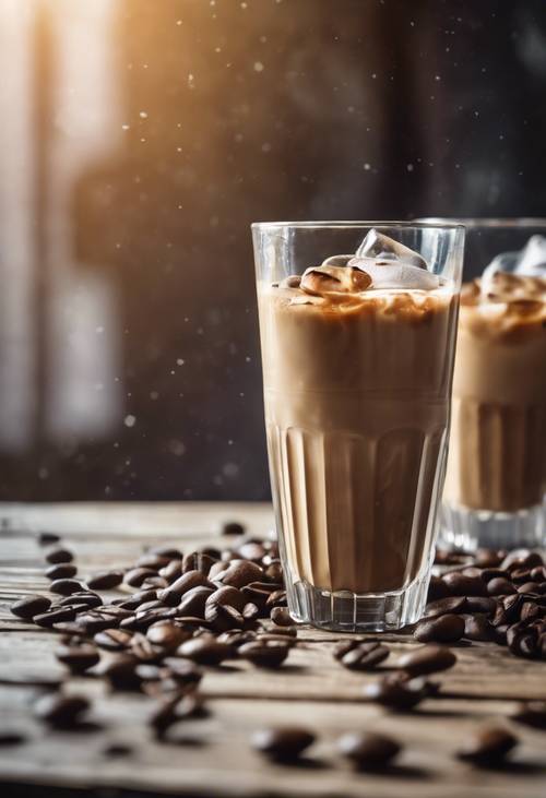 An iced latte in a tall glass with coffee beans scattered around on a weathered wooden table.