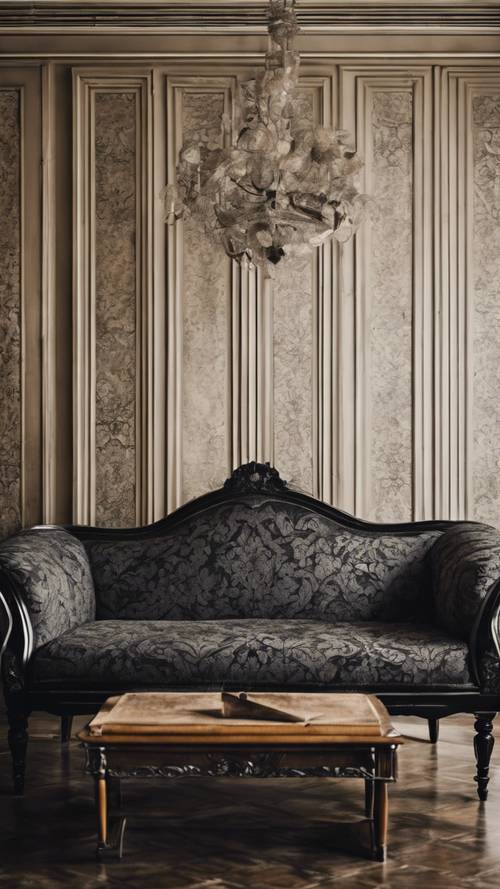 A black damask sofa in a vintage drawing room.