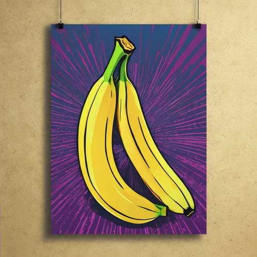 Um pôster pop art com uma banana estilizada em um fundo de dois tons.