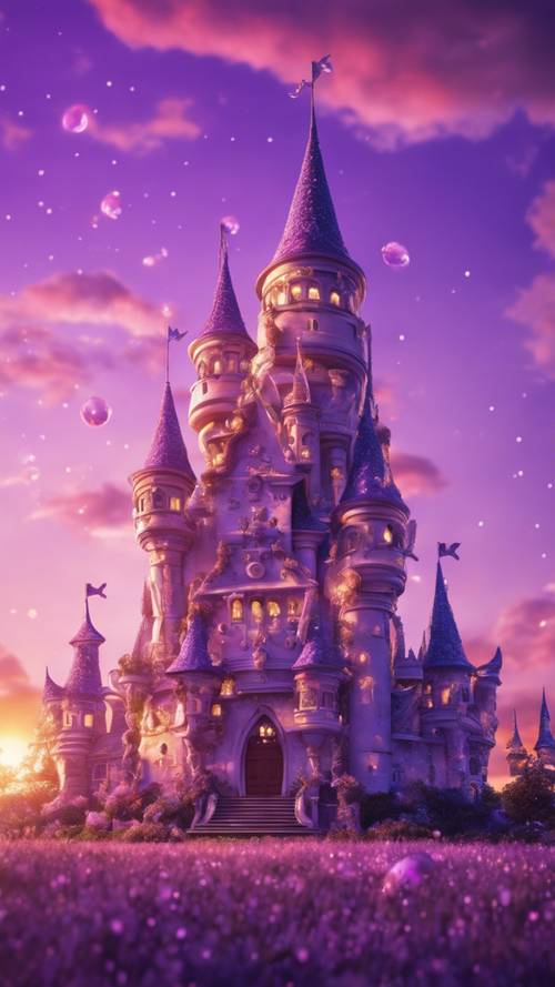 A crystal purple castle inhabited by kawaii fairies against a sunset sky.
