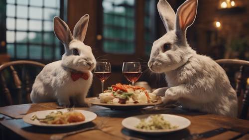 İlginç, rustik bir ortamda romantik bir akşam yemeğinin tadını çıkaran bir tavşan çifti.