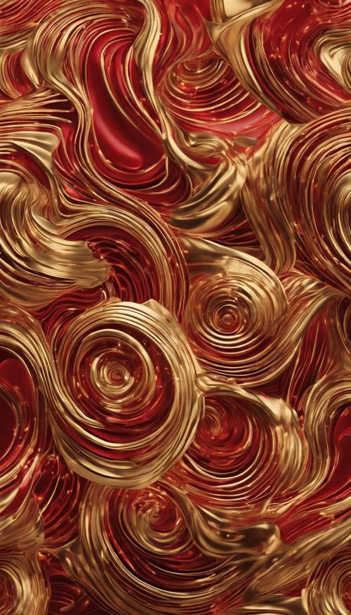 Abstrakte, wirbelnde Formen in Rot und Gold, die in einem nahtlosen Muster interagieren.