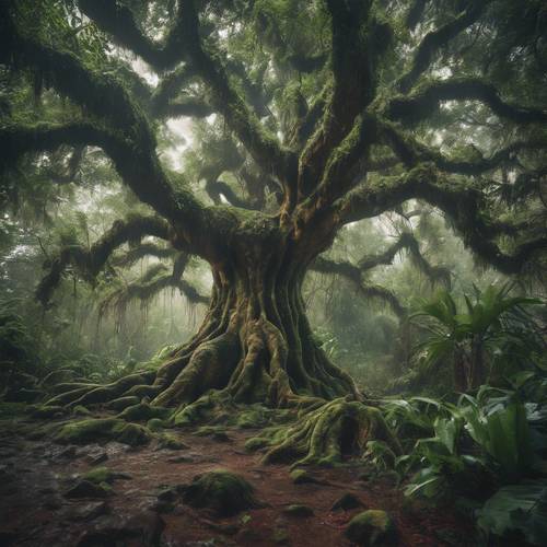 一棵古老的綠樹，樹幹粗壯，生長在多雨的野生叢林中。