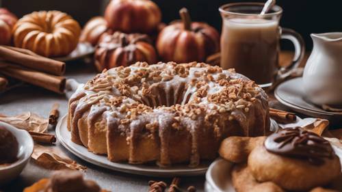 A decadent September dessert spread with apple pie, pumpkin spice cake, and cinnamon doughnuts Tapeta [b0297e9315234246ad6a]