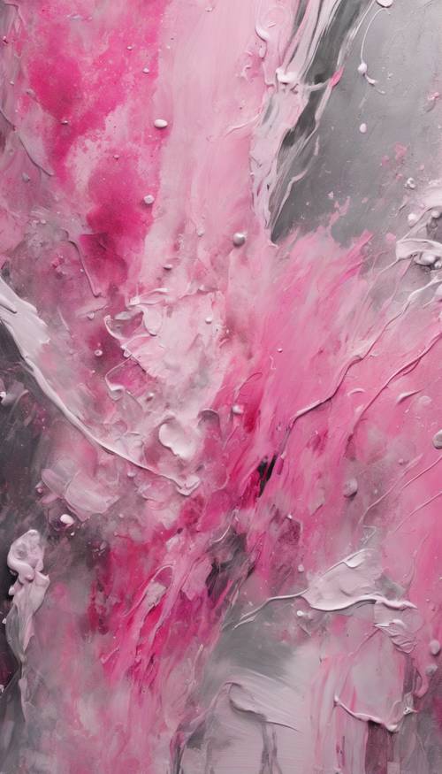 Różowo-srebrny obraz abstrakcyjny z mieszającymi się kolorami i wyrazistymi pociągnięciami pędzla.