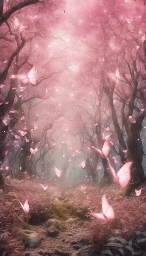 Причудливый акварельный лес, вокруг которого порхают розовые феи.