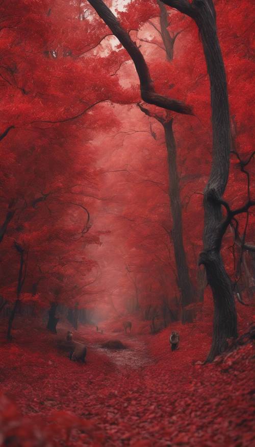 Red forest populated with diverse wildlife interacting with the environment