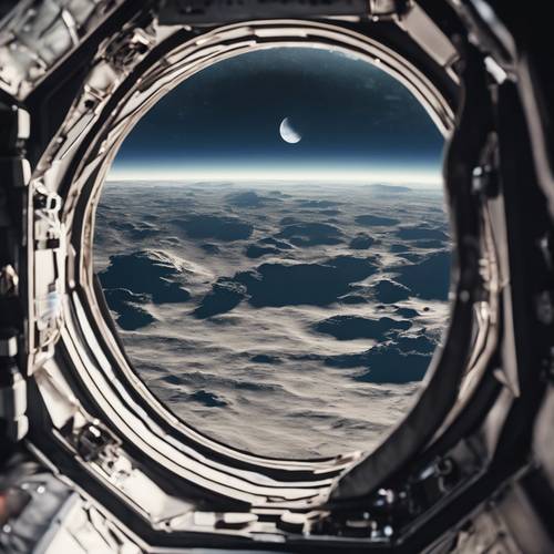 Вид на Луну из окна космического корабля.