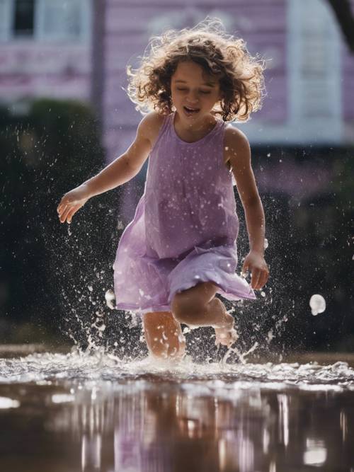 Uma menina com um vestido roxo claro pulando alegremente em uma piscina de poças de água.