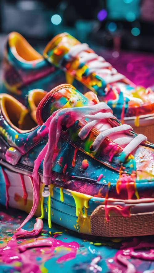 A pair of brand new pristine sneakers being adorned with bright, neon drips of paint, transforming them into custom works of art. Ταπετσαρία [df6aaf7e713f439fbd94]