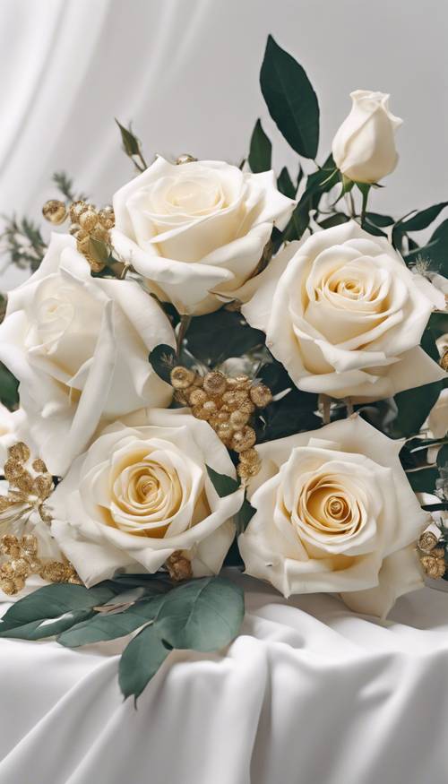 İnce altın şeritlerle çevrelenmiş beyaz güller ve yapraklardan oluşan çiçek aranjmanı.