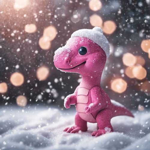 A pink dinosaur experiencing his first snow, curiously looking at the snowflakes.