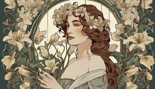 A stylized illustration in the Art Nouveau genre of a woman holding a bouquet of lilies, encompassed by a frame of flowing vines. Tapeta [e3b66cf3648640c4a4db]