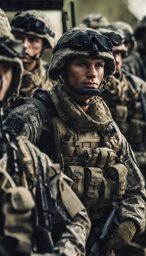 Eine Gruppe moderner Marinesoldaten in Tarnuniformen in ihrer Basis. Hintergrund [d2c019723af94f69a1fe]