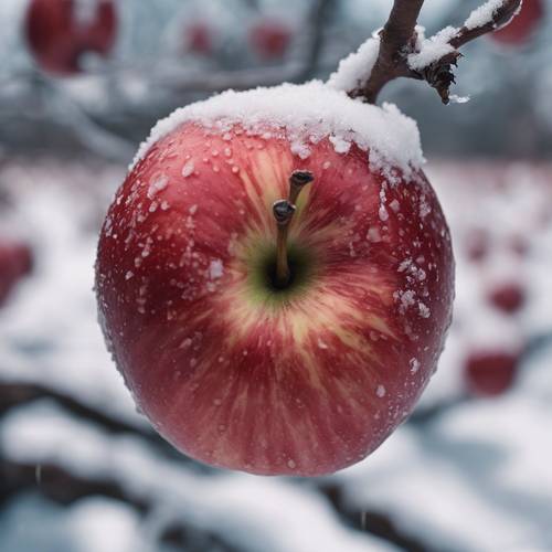 A close-up shot of a charming red apple against a backdrop of a snow-filled orchard.