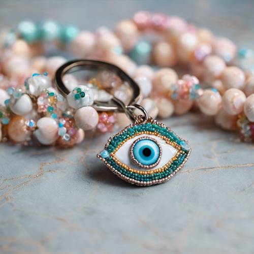 Close up shot of a hand beaded evil eye keychain, featuring cute pastel beads.