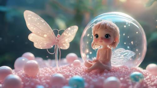 Una imagen hermosa y mágica de una pequeña hada con alas luminiscentes, sentada sobre una perla de tapioca flotante en un mar de té de burbujas en tonos pastel.