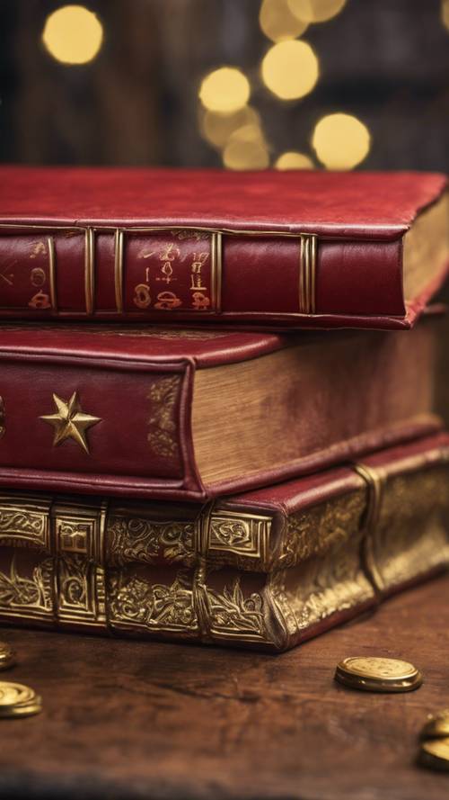 A close-up image of a red leather-bound book with golden ratings, lying on an old wooden desk.