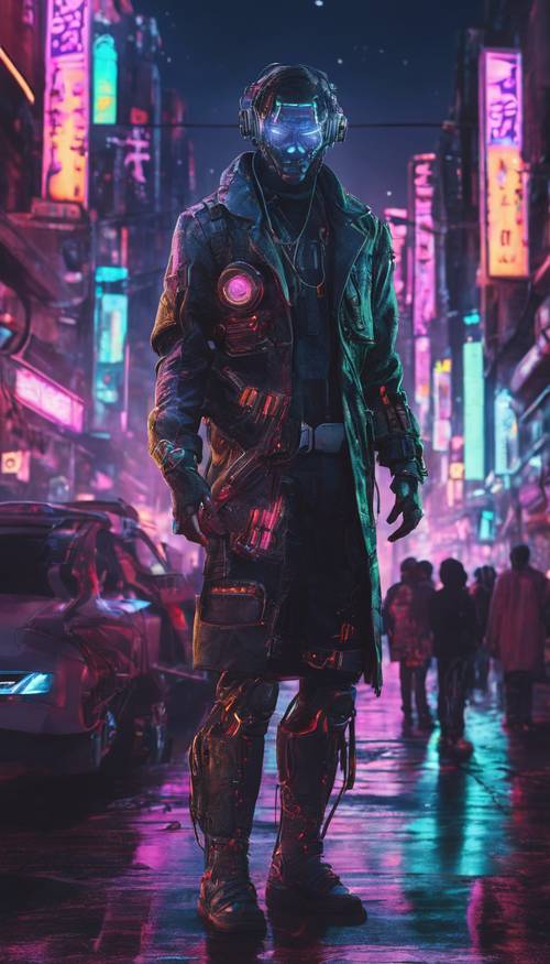 Ein männlicher Cyborg mit leuchtenden Augen steht um Mitternacht in einer überfüllten Straße in einer dystopischen Stadt. Hintergrund [cfe23b0736b7474bb512]