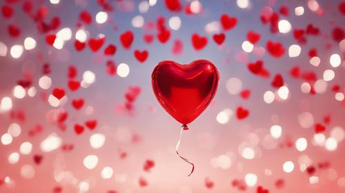 A love-themed balloon shaped in red heart, floating against a soft-bokeh background on Valentine's Day.