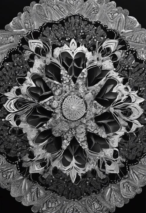 Glitter preto e branco formando um intrincado desenho de mandala.