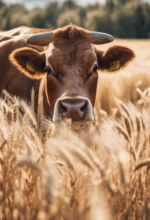 Sebuah gambar perspektif mendalam dari seekor sapi yang dengan anggun berjalan melalui ladang gandum yang tinggi.