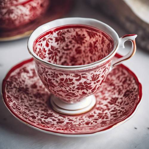 Linda xícara de chá de porcelana estampada em damasco vermelho em pires combinando.