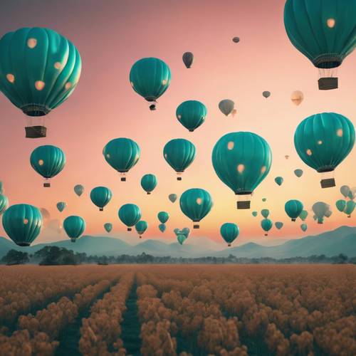Une vue surréaliste de montgolfières Kawaii turquoise flottantes dans diverses formes mignonnes, sur fond de ciel aux couleurs du coucher du soleil.