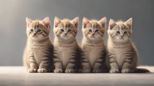 Birlikte oturan ve birbirlerini tımarlayan üç tombul kedi yavrusunun minimalist bir taslağı.