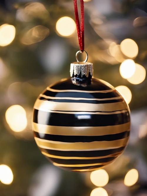 A gold and black striped Christmas bauble, hanging against a festive decorated Christmas tree.