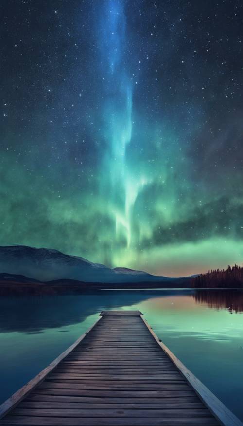 Un bellissimo paesaggio notturno con un&#39;aurora boreale blu acquarellata sopra un lago sereno.