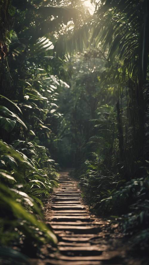 Tajemnicza ścieżka przez gęstą tropikalną dżunglę, ukryta przez lasy i cienie.