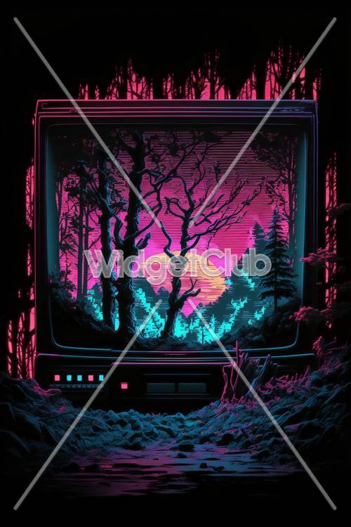 Mystical Forest Sunset on Retro TV Screen