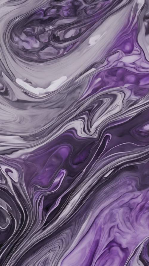 Une peinture abstraite violette et grise aux motifs fluides.