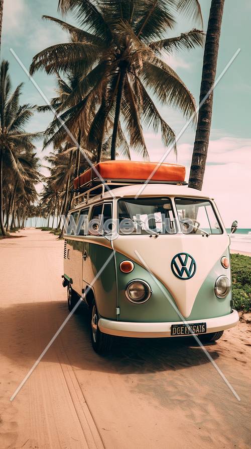 Viaggio in spiaggia tropicale con furgone vintage