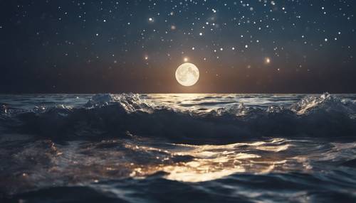 在寧靜的海上夜晚，一連串有節奏的波浪在月光下閃閃發光