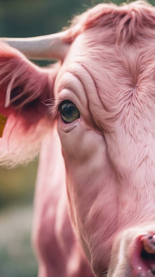 Immagine macro del volto di una mucca rosa con gli occhi spalancati, su uno sfondo morbido e sognante.