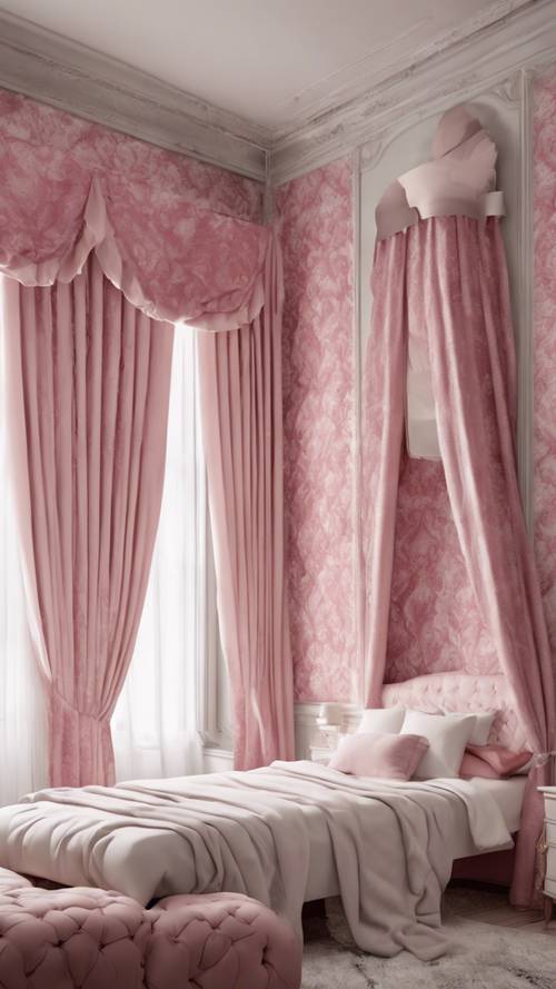 An elegant bedroom showcasing pink damask curtains blending with white walls