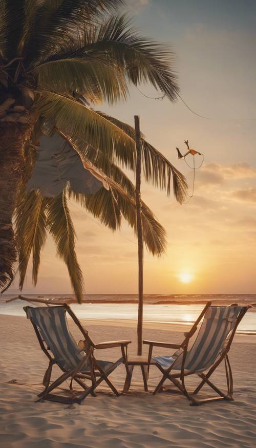 Two deck chairs at the edge of a tropical beach, facing a merry sunset, with tightrope walkers in the sky.