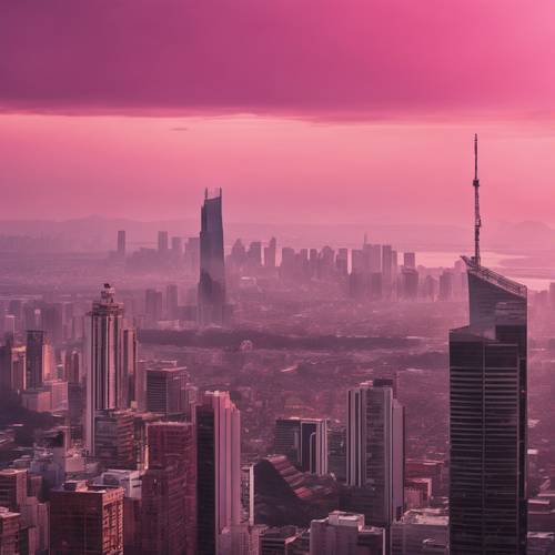 A smoky light pink to magenta ombre skyline over a sprawling cityscape referring to dusk.