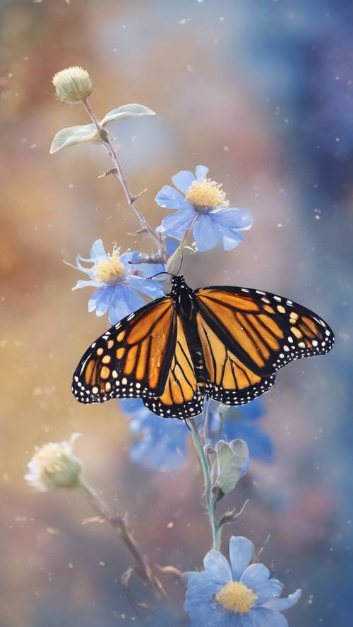 Un papillon monarque atterrissant doucement sur une fleur aquarelle bleu vif.