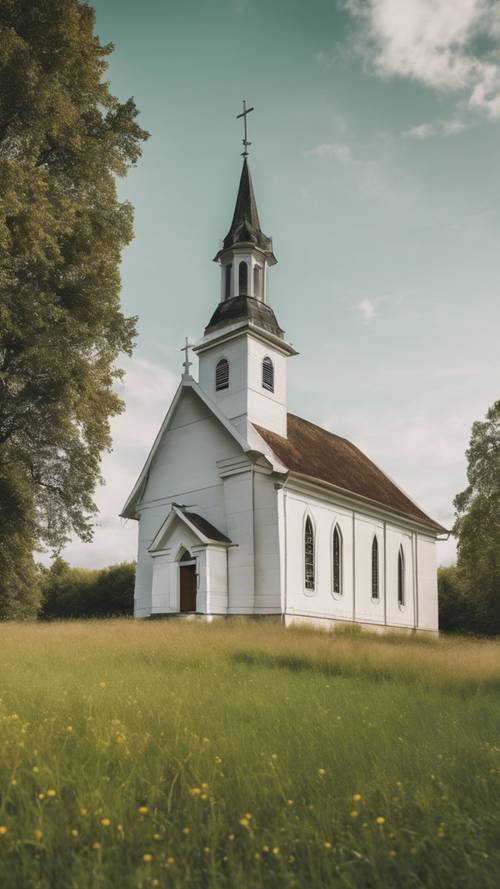 An old white church in the middle of a green meadow