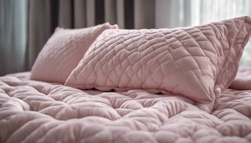 Uma cama recém-feita, coberta com uma colcha rosa suave e travesseiros fofos&quot;.