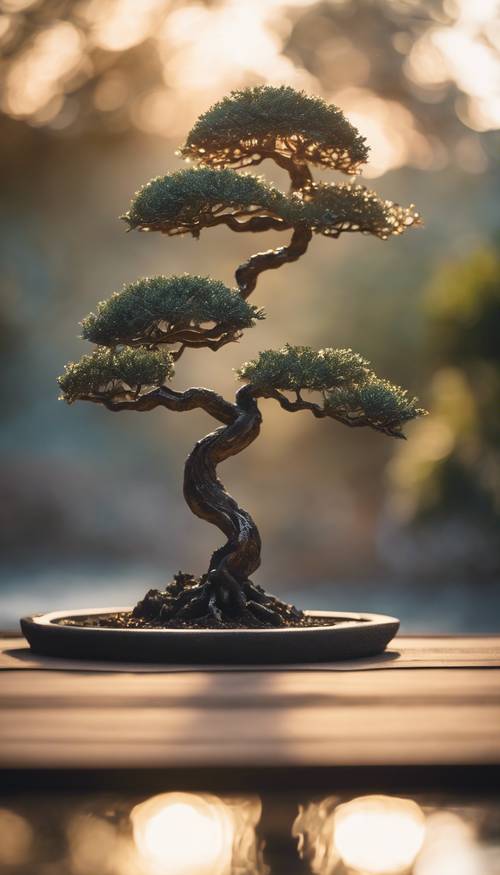 Металлическое дерево бонсай в дзен-саду, отражающее спокойный восход солнца.