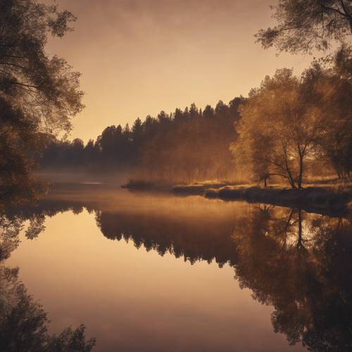 A reflective lake at sundown showcasing the ombre of brown to gold in a serene environment. Тапет [a4e91e1bf9e5456b90c4]