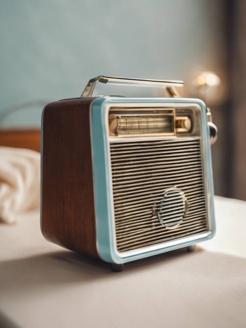 راديو ترانزستور كلاسيكي قديم باللون الأزرق الفاتح موضوع على طاولة جانبية.