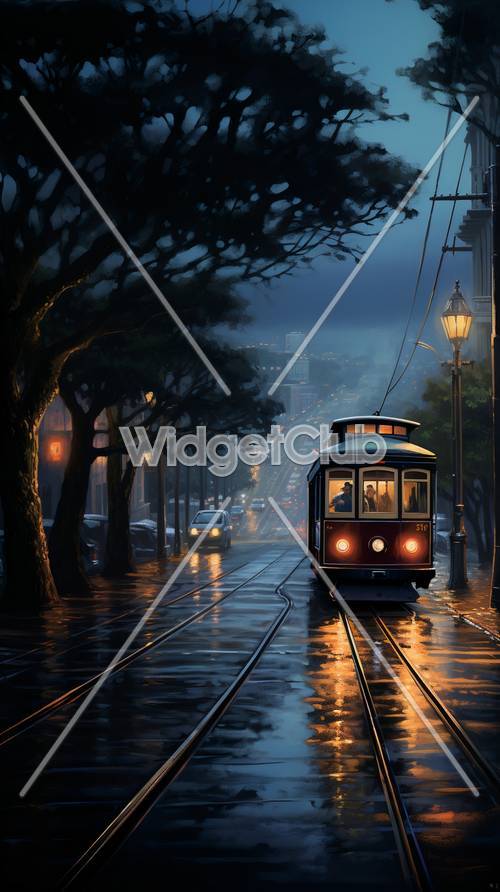 Paseo en tranvía por la noche lluviosa
