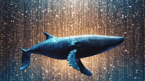 A mesmerizing 3D-rendered image of a whale swimming against a sea of binary code.