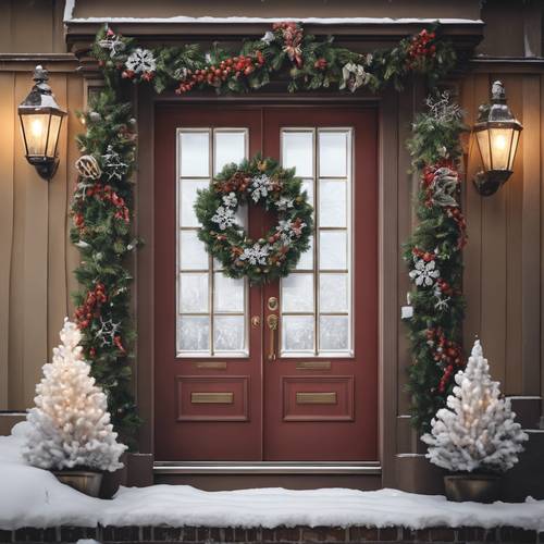 A festive doorway draped with garland and adorned with a beautiful Christmas wreath, fresh snowflakes lightly dusting the scene. Tapeta [8893f5c668f1499da215]